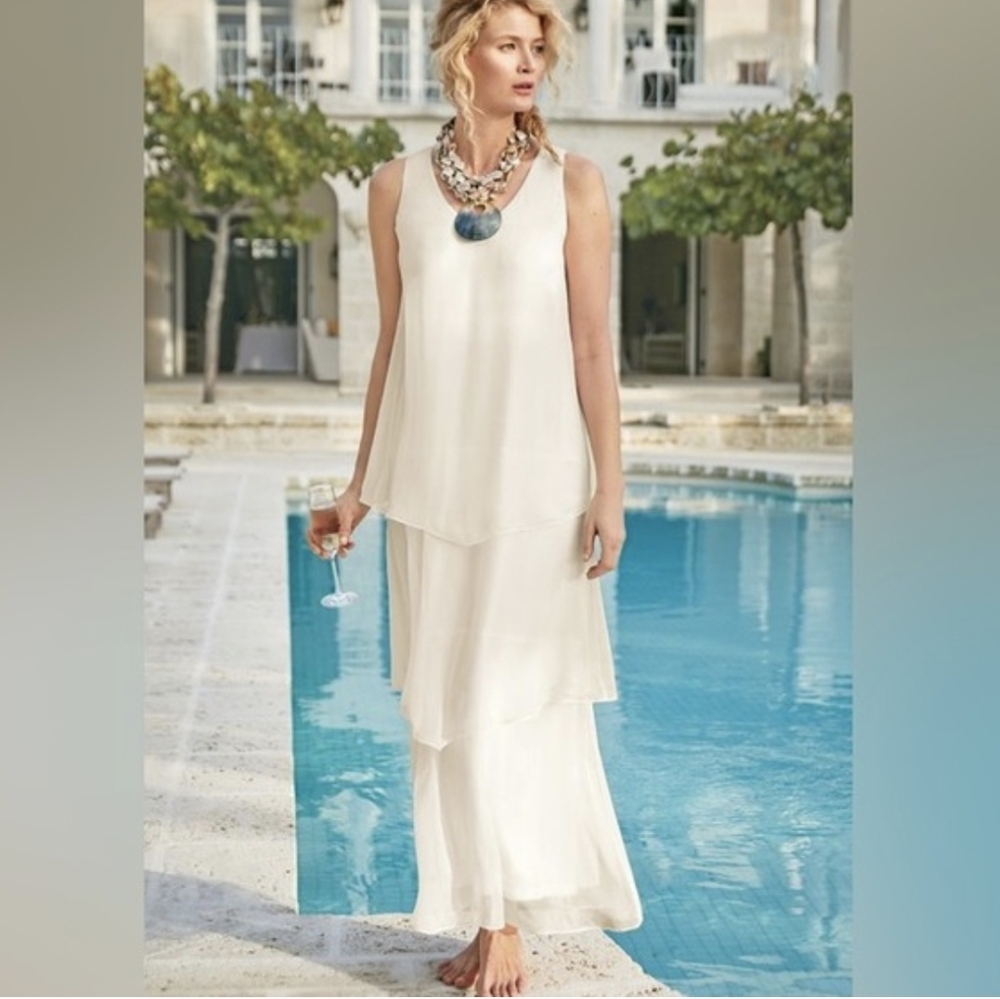 SOFT SURROUNDINGS Tiered Silk Tank Dress S Layered Chiffon Sleveless Ivory Maxi